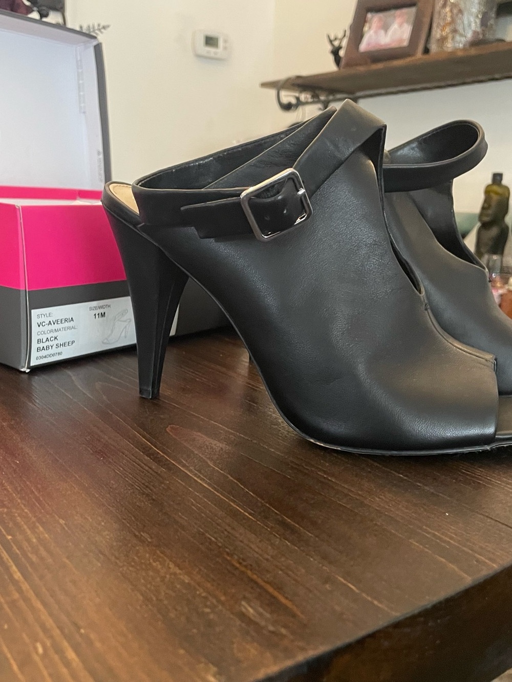 Vince Camuto Black Leather Buckle High Heel Mule